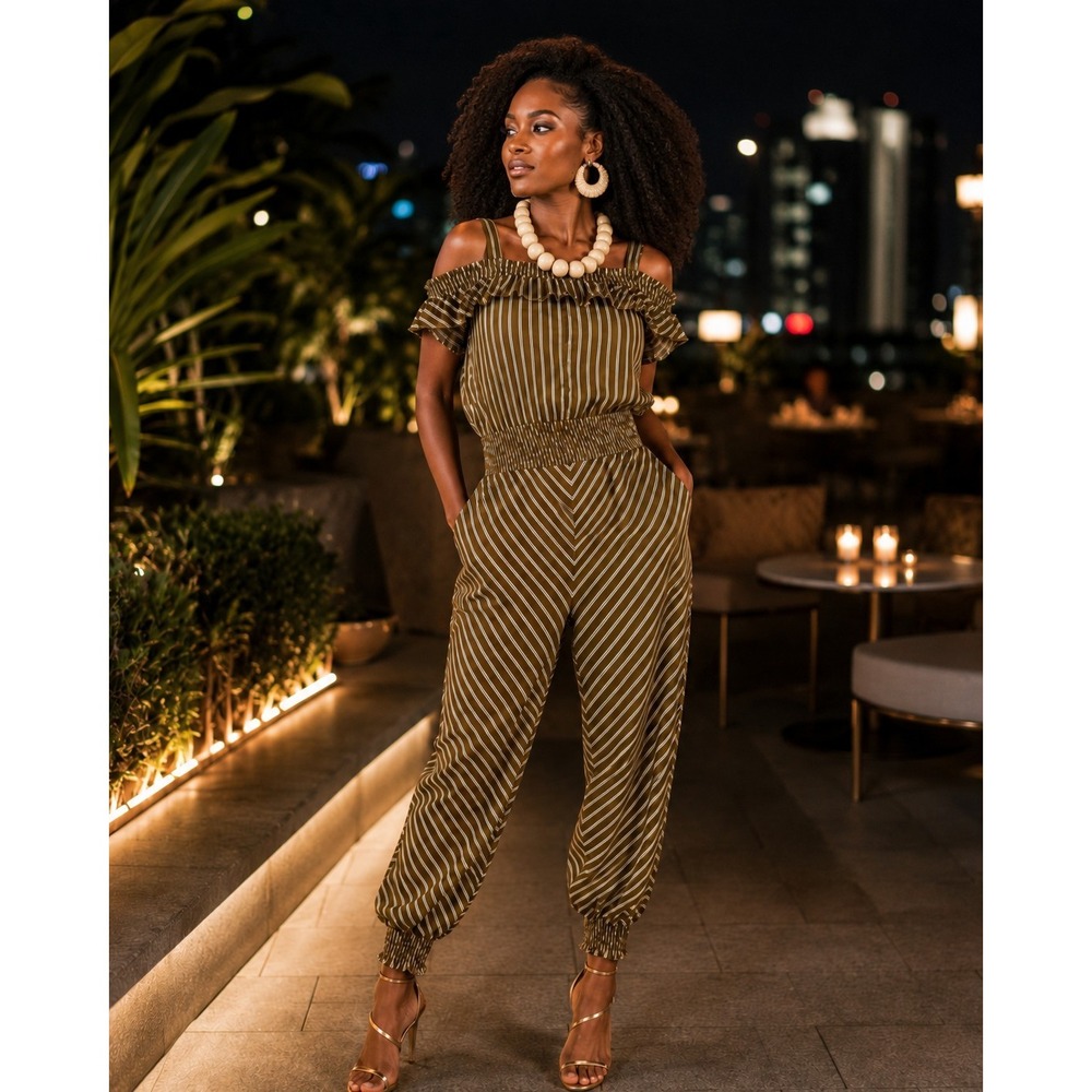 RW&A‎ Rwanda Clothing Women Olive Striped Cold Shoulder Smocked Waist Jumpsuit